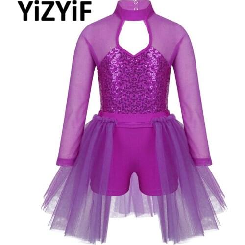 Girls Tulle Ballet Tutu Dress Long Sleeves Shiny Sequins Cutout Back Leotard Lyrical Dance Costume Contemporary Dancing clothes