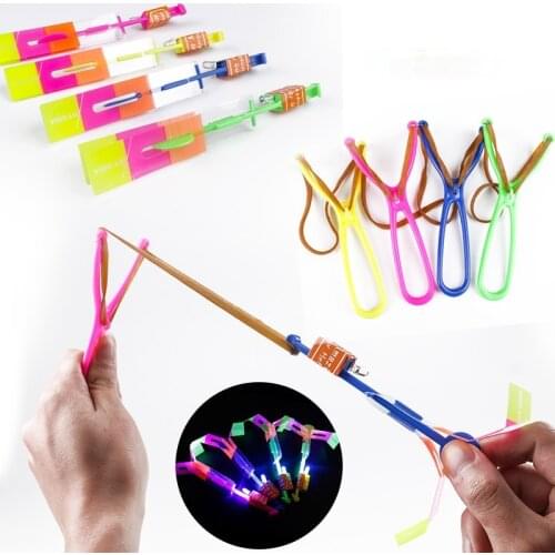 Bamboo Dragonfly with light Shooting Rocket Flying parachute Sky UFO Outdoor night game toy for kid children with LED slingshot