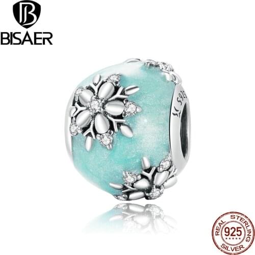 BISAER Shiny Snowflakes Charms 925 Sterling Silver Blue Enamel Beads Pendant for Original Bracelets Jewelry ECC1650