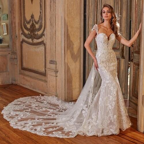 2020 Shiny Mermaid Wedding Dresses With Removable Train Vestido De Noiva Sereia Sexy Backless Appliques Beading Crystal Gowns