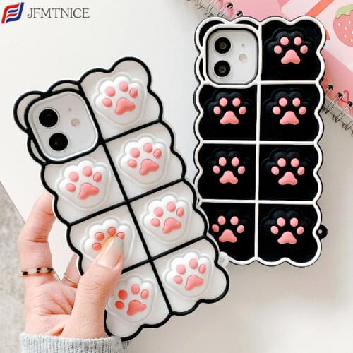 Case for IPhone 11 12 Pro MAX Mini XS XR 6 7 8 Plus Relieve Stress Push Bubble Soft Silicone 3D Cute Cartoon Cat Paw Phone Cover