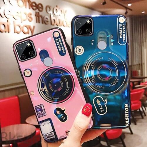 For OPPO Realme 7 7i C12 C17 Case Retro Camera Phone Case A15 Reno 5 Pro Silicone Soft Blue Light Back Cover With Holder Fundas