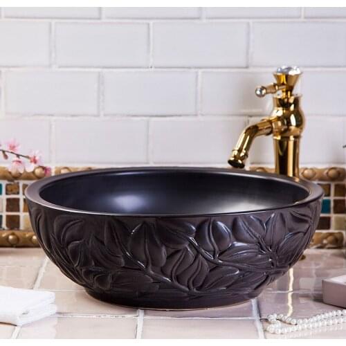 Jingdezhen China Artistic Porcelain Handmade black Ceramic wash basin Lavabo Bathroom Vessel Sinks carving leaf