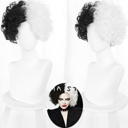 CRUELLA de Vil Short Black White Ms. Spot Hair Deville Dalmations Heat Resistant Cosplay Costume Wigs + Wig Cap