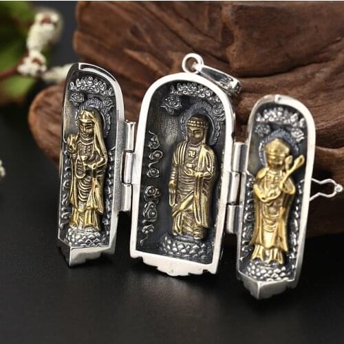 Real 925 Sterling Silver Color Buddha Statue Pendant Thai silver The Three Bodhisattva Good Luck Pendant Fine Jewelry 2019 Gifts