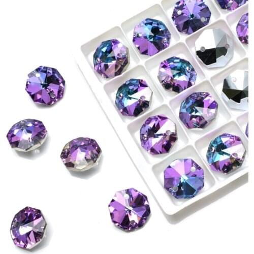 New 12mm octagonal bright purple rhinestone glass crystal stitched in rhinestone with holes diy Clothing accessories craft