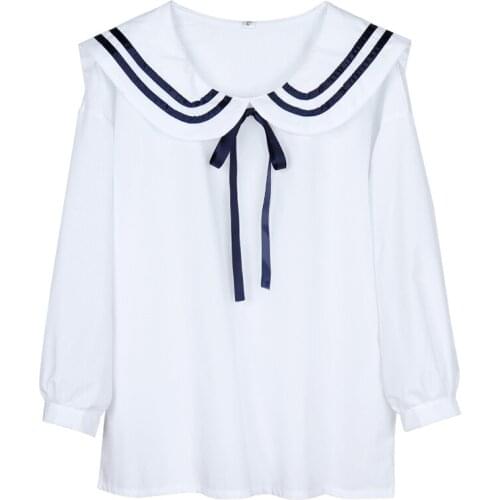 New Korean Cute Japanese School Jk Uniform Navy Collar Shirt Girls Lovely Long Sleeve White Blouse Academy Shirts Tops One Size