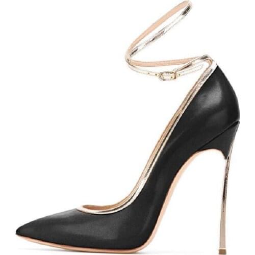 Spring new pointed shallow mouth strap stiletto banquet dress womens singles shoes custom-made large size fashion work shoes