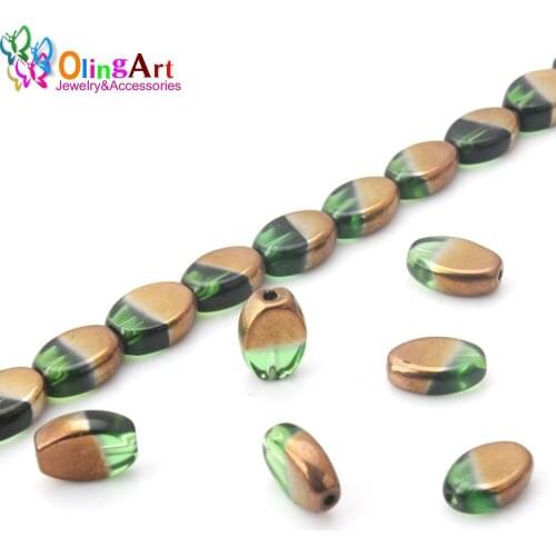 OlingArt 12 * 8MM 10pcs/lot Glass Crystal green half copper plating Oval shape bead DIY Necklace Bracelet Jewelry Making