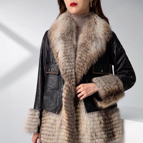 HF02 2021 Winter Full Pelt High Quality Woman Fluffy Real Fox Fur Coat With Stripes Zipper Long Sleeve Natural Fur Jacket