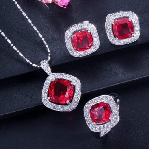 925 Silver Luxury AAA Zircon Sapphire Ruby Earrings and Pendant Jewelry Sets For Fashion Women Wedding Jewelry Set