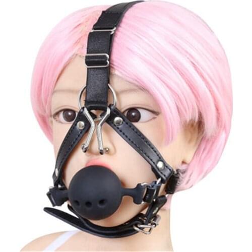 Silicone Open Mouth Bite Gag Nose Hook BDSM Restraint Leather Head Hood Fetish Bondage Oral Sex Toy For Woman Couples Adult Game