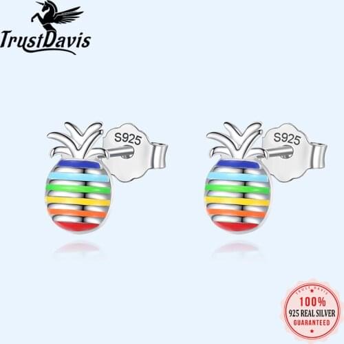Trustdavis Genuine Fashion 925 Sterling Silver Sweet Cute Rainbow Pineapple Stud Earring For Women Wedding Jewelry Gift DS2426