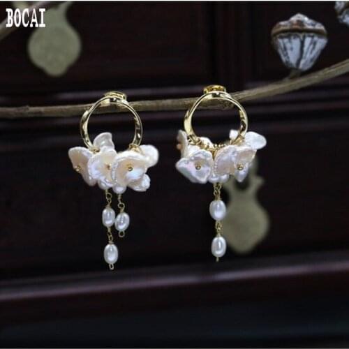 925 silver jewelry handmade natural shaped pearls tassel long temperament bohemian earrings 2019 womens fashion earrings