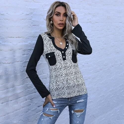 Women T-Shirt Cotton Leopard Patchwork Black Long Sleeve Casual Shirts Ladies T Shirt Spring Autumn Fashion Top Tee
