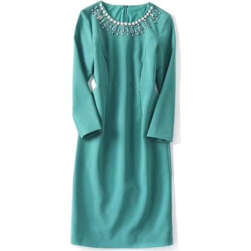 European and American womens wear new autumn 2022 Long sleeve heavy nail drill Round collar fashion Black dress