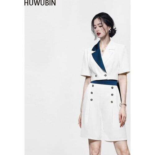 2021 Korean New Professional Womens Temperament Suit Collar Double Breasted Top + High Waist Straight Shorts Two Piece Set