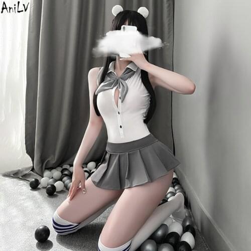 AniLV Anime Student Sailor Costumes Cosplay Bear Cheer Learder Backless One Piece Bodysuit Mini Pleated Skirt Erotic Unirom Set