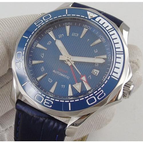 41mm Blue GMT Movement Sapphire Glass Self Winding Automatic Leather Strap Date Window Mens Watch