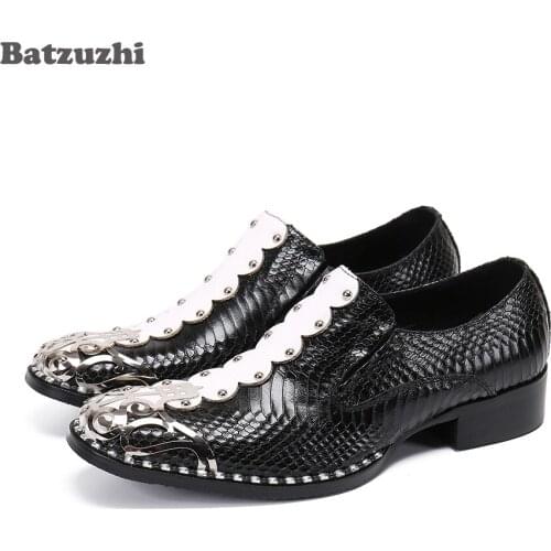 Batzuzhi New Handmade Mens Leather Shoes Round Metal Toe Black White Genuine Leather Dress Shoes Men Formal Business Shoes