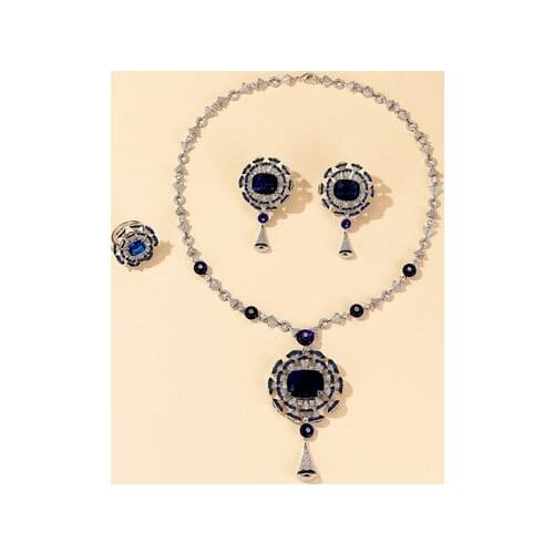 Brand Fine Custom Jewelry For Women Fan Wedding Blue Crystal Party Jewelry Set Big Design Party Banquet Neckacle Earrings Set