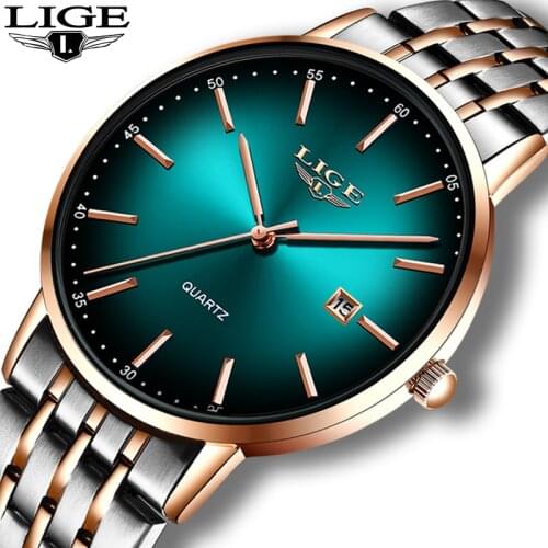 2020 LIGE New Casual Mens Watches Top Brand Luxury Gold Quartz Watch Men Sport Waterproof Wristwatch All Steel Green Dial Clock