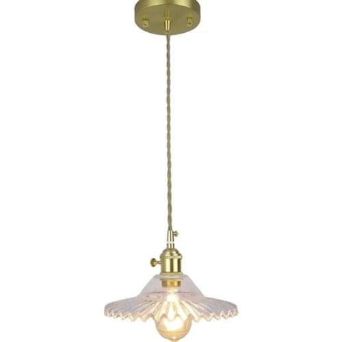 E27 brass material socket+D220mm clear glass shade+fabric twisted wire cord+brass material ceiling plate 100% brass pendant lamp