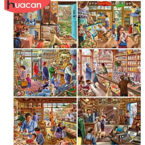 HUACAN Diamond Rhinestones Paintings Shop Full Drill Square Diamond Embroidery Landscape Diamond Mosaic Kids Home Decoration