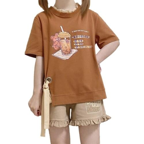Kawaii Fashion Girls T Shirts Women Cute Milk Tea Brown Tops 2021 Harajuku Aesthetic Lolita Sweet Anime Print Graphic Tees Shirt