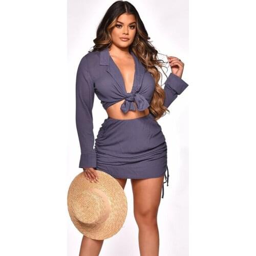 Chic Solid Two Piece Set Women Skirts Hipster Sexy Turn Down Collar Long Sleeve Crop Shirt+ruched Drawstring Mini Skirt Outfit