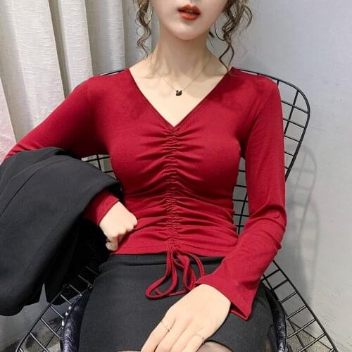 Korean Women V-neck Long-sleeved t-shirt Solid color drawstring top Casual Cotton bottoming shirt