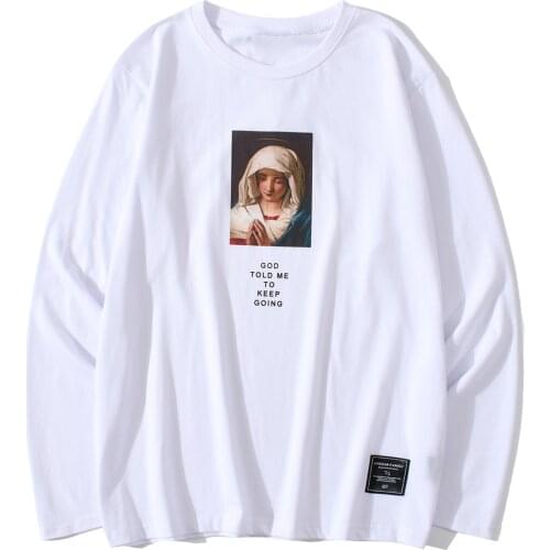 Aelfric Eden Virgin Mary Print T Shirt Long Sleeve Streetwear Hip Hop Tshirts Casual Harajuku T-Shirt Winter Cotton Pullover Men