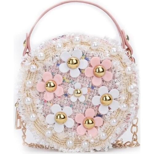 Girl Mini Round Bags Solid Color Plaid Shoulder Handbags Purses Clutches Girl Small Round Flowers Crossbody Bags