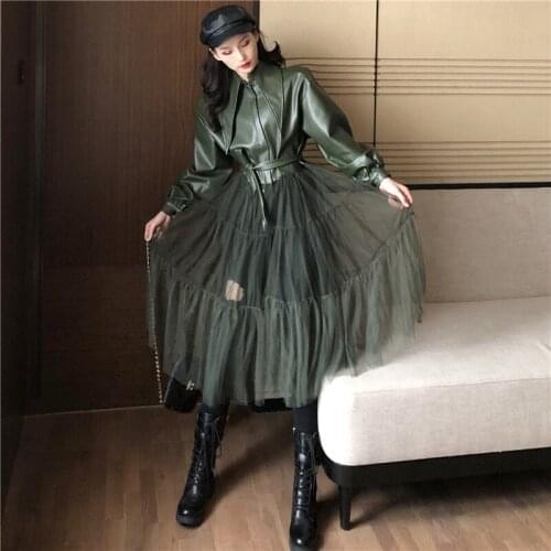 2020 new handsome locomotive PU leather clothing female stitching mesh gauze straps was thin loose fake two-pieces dress F1387
