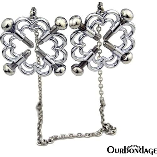 Ourbondage Stainless Steel Rounded Hard Clover Flower Shape Nipple Clamps Clips With Chains Adult Sex Toys For Women Lesbian