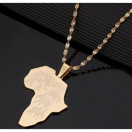 Stainless Steel Africa Map Pendant Necklace for Women Men Gold Color African Maps Elephant Trendy Jewelry