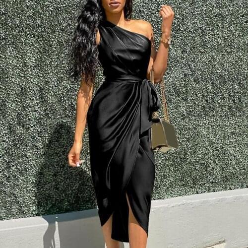 Sexy Off Shoulder Dresses Women Lacing Ruched Slit Dress Belt Sleeveless Formal Dress Irregular Hem Party Dresses Vestido Midi