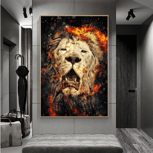 Modern Posters Wall Art Painting Animal Art Canvas Prints Wall Lion Head with Fire Picture for Living Room Decoration Cuadros