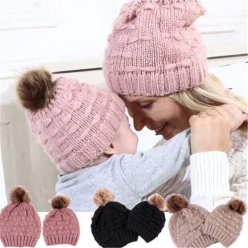 2020 New Mom Beanie Hat Cap Knitted hat Newborn Baby Knit Solid Cotton Blend Women Warm Matching 1PC Mom Hat+1PC Baby Hat