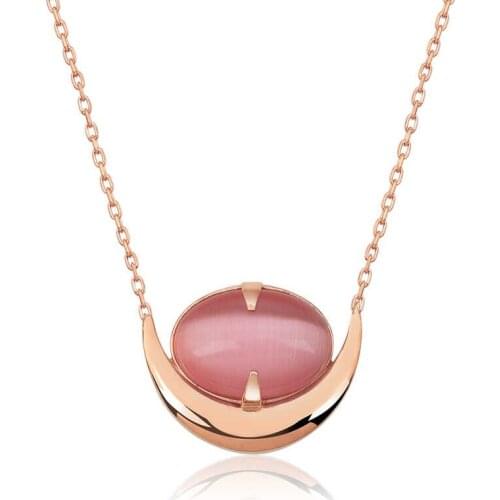 Tevuli 925 Sterling Silver Pink Cat 'S Eye Stone Crescent Necklace