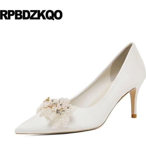 Dress Crystal Diamond 3 Inch Satin Pearl High Heels Ladies Pumps White Leaf Rhinestone Ivory Bridal Shoes Pointed Toe Stiletto