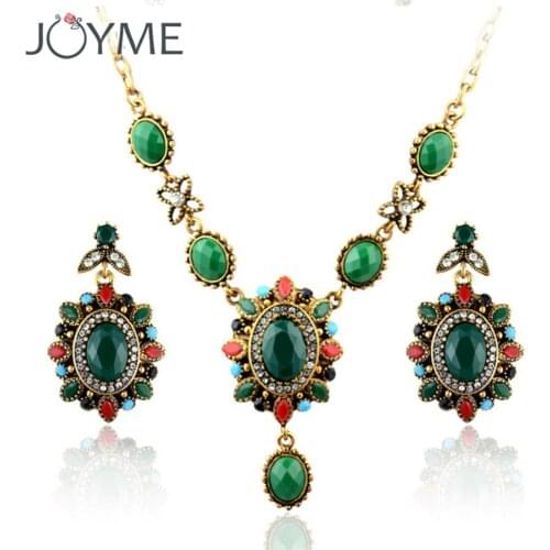 Joyme Statement Necklace Antique Turkish Jewelry Set Flower Green Resin Hanging Vintage Pendant Boucle d'oreille