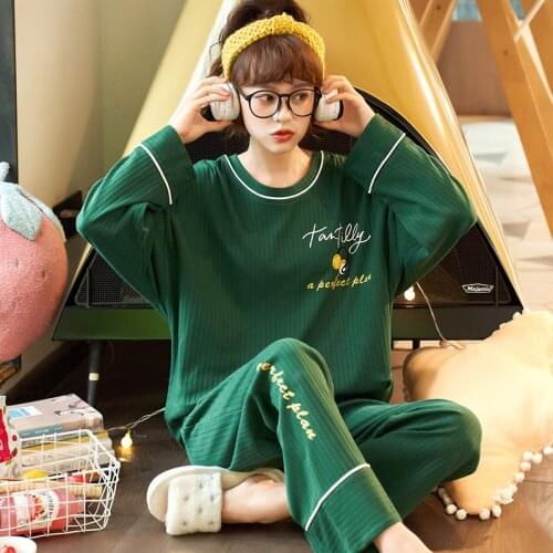 Womens Pajamas Simple Sleepwear Suit Cotton Autumn Sets Woman 2 Pieces New Round Neck Breathable Home Clothes Service Pijama