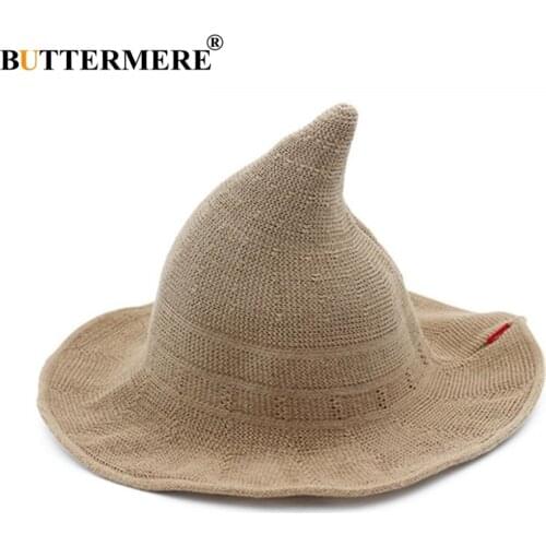 BUTTERMERE Women Witch Hat Knitting Bucket Hat Korean Ladies Wizard Hat Wide Brim Female Fishing Hat Khaki Black Ray Pink Beige