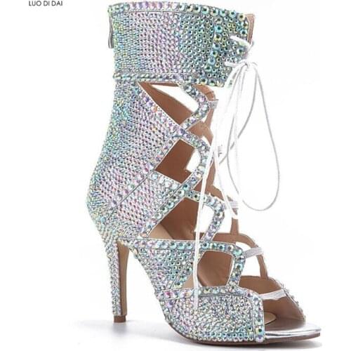 2020 women diamond boots glitter booties thin heel rhinestone boots lady dress shoes gladiator mujer botas lace up crystal boots