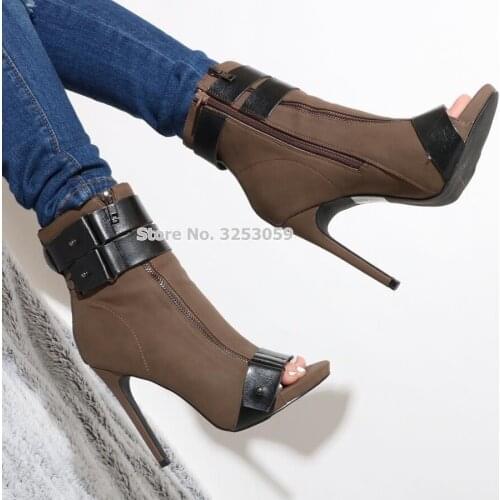 ALMUDENA Women Coffee Black Buckle Strap Ankle Boots Peep Toe Stiletto Heels Dress Shoes Street Fashion Gladiator Short Booties