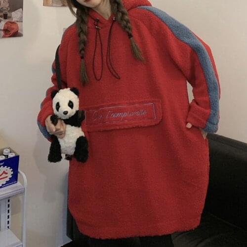 Lamb wool womens pullover hoodie winter 2021 womens warmth and thick loose pullover red striped fashion streetwear