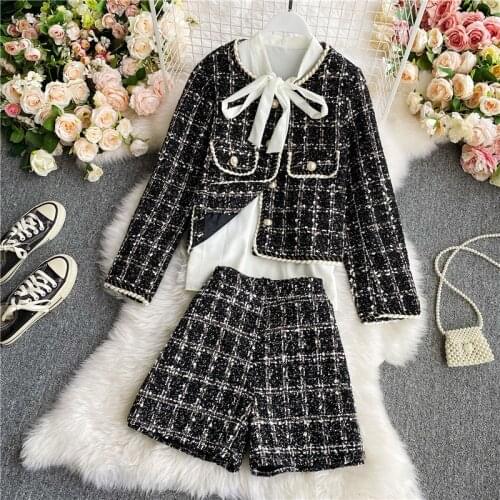 Women 2020 Autumn Winter temperament Long sleeve Tweed Short Jacket + Skirt Two-Piece Fashion Suit Casual Chic Sets