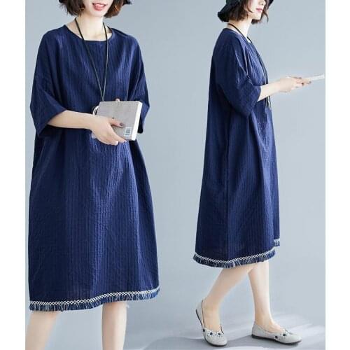 Summer New 2021 Korean Fashion Loose Large Size Womens Cotton And Linen Tassel Dress Retro Casual Navy Blue Female Robe aq1108