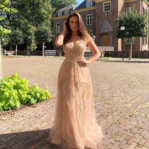 Serene Hill 2019 Dubai Gold A-Line Luxury Beadings Evening Dress V-Neck Pearls Crystal Sleeveless Fromal Party Gown CLA70287